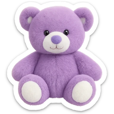 Change the teddy bear's fur to purple and white, keep it soft and plush, no shadows, flat lighting, no background. Remove the background completely to isolate the subject. sticker