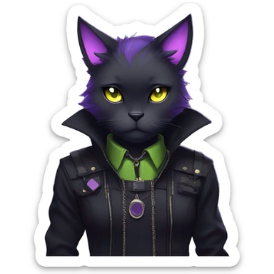 Gorgeous furry gothic dark techwear anime style anthro black cat furry sona Fakemon with blushing face yellow-green eyes aesthetic and pretty edgy black with violet collar and harness trending style sticker