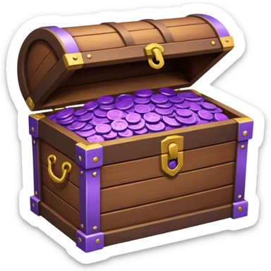 wooden brown treasure chest filled with  purple coins pack in gradient sticker