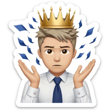 Gender: Male Hair: Ash-brown undercut with messy crown spikes Face: Deep frown lines, sweat waterfall cascading from temple Clothes: Crumpled white dress shirt with loosened tie (navy blue) Action: Both hands gripping hair, papers flying around head、 sticker