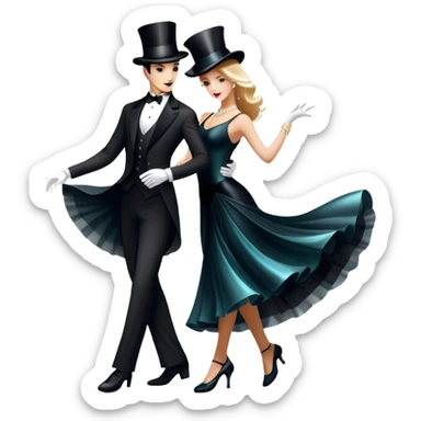 Icon for Ballroom Dancing: a pair of elegant dance shoes, a flowing dress, a top hat, and a dance floor spotlight. The icon should represent the elegance and atmosphere of ballroom dance, focusing on the iconic dance elements. Transparent background. sticker