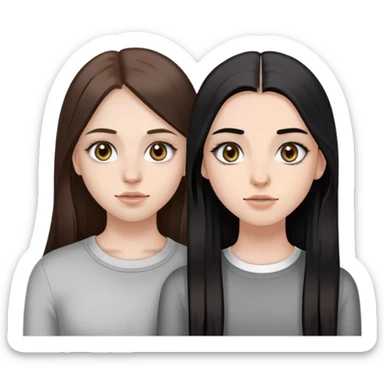 two girls one of them is brunette with light make up straight long brown hair  and heterochromia and braces and the other one has long black hair grey eyes nostrill and septum piercing  and she has a baddie make up sticker