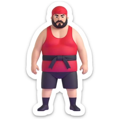 Close-up of very fat white skin guy with young face, beard and mustache, no muscle with prominent black durag, black eyes in a red and black wrestling singlet with angry face sticker