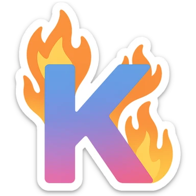 colorful letter 'K' with cartoon-style flames licking the edges sticker