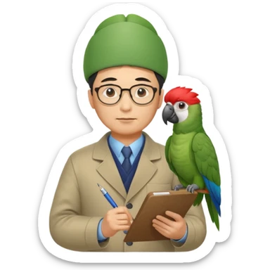 Middle-aged asian male vet – glasses, coat, writing notes on clipboard with parot on head sticker