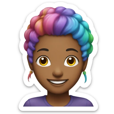 female with rainbow hair and a big smile sticker
