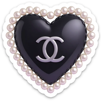 elegant glossy black heart, pearls encircling, silver Chanel logo centered, black and white color scheme sticker