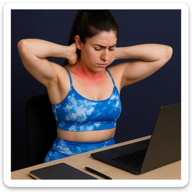 A slender woman in 4K, sitting at a desk, massaging the base of the neck with both hands, cervical and nape area reddened, tense posture, inspired by the reference photo. sticker