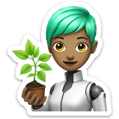 cybernetic scientist wearing a lab coat and holding a small plant, woman with neon green pixie cut with undercut, robot body parts sticker