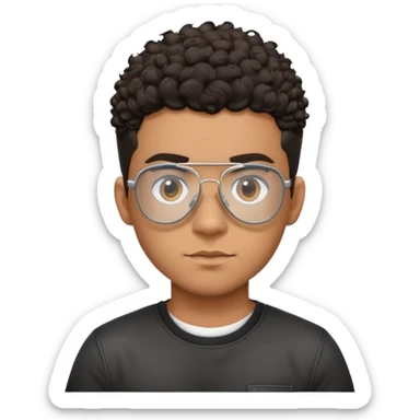 Young Latino with big forehead, metal-framed aviator glasses, very short curly dark hair on top with shaved sides, neutral expression, brown skin, black t-shirt sticker