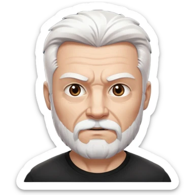 White haired muscled adult man with a black t-shirt. He has white beard and a long goatee. Dark brown eyes and some wrinkles. Attractive, Wolverine vibes. Not too old. sticker