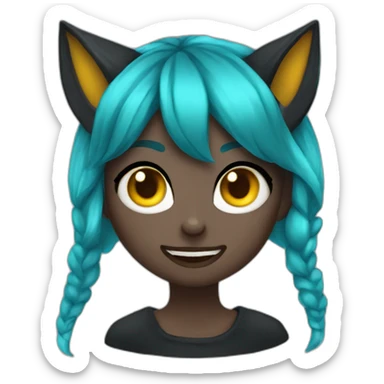 A girl with a funny face, blue cyan hair, black wolf ear, black demon little horns, yellow cat eyes sticker