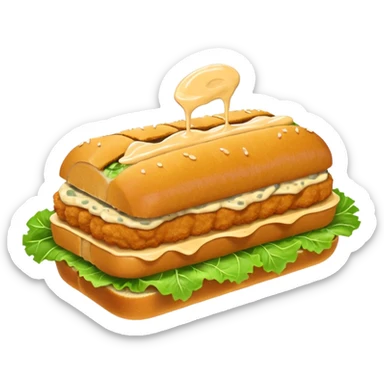 schnitzel sandwich: an oblong roll topped with a schnitzel, placed on a lettuce leaf, the schnitzel is drizzled with remoulade, there is no cheese or other ingredients sticker