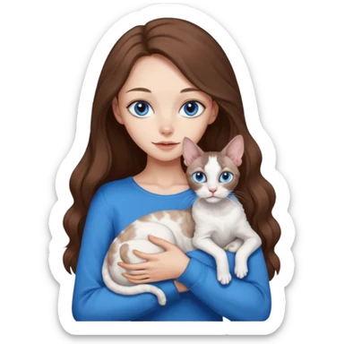 beautiful skinny girl with long brown hair and blue eyes in dark long sleeve is holding a devon rex white cat with blue eyes. the colors of cat’s and girl’s eyes are the same.  sticker