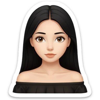 A realistic 3D avatar of a young woman with a soft oval face, slim cheeks, natural almond eyes, long straight black hair, minimal makeup, wearing a black off-shoulder top, elegant and aesthetic, tanned skintone. sticker
