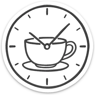hand-drawn sketch of a clock with a tea cup as the face, black and white, textured lines sticker
