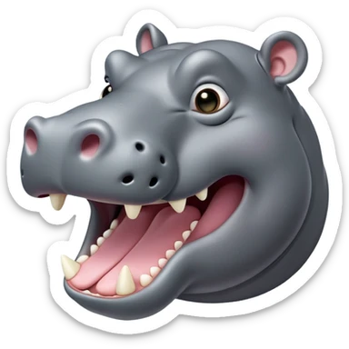 cinematic-noble-yawning hippo-portrait-emoji,-poised-and-regal,-with-a-massive,-robust-build-and-a-smooth,-sleek-slate-gray-hide,-deep-set-soulful-eyes,-simplified-yet-sharp-and-sophisticated-features,-highly-detailed,-glowing-with-a-soft radiance, mouth open wide exposing teeth sticker