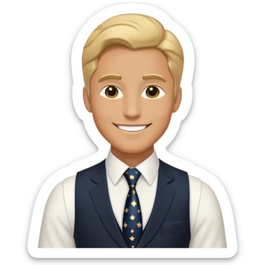 Homem de terno e colete pretos, com gravata azul escuro e estrelinhas pequenas douradas e um sorriso bem sensual e elegante  sticker