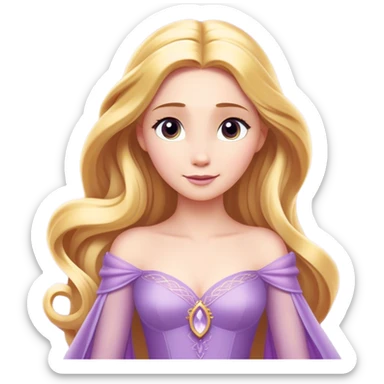 Cinematic Elegant Rapunzel Portrait Emoji, rendered in a realistic, vector-style with minimal shading and bold, simplified shapes. Depict Rapunzel (chest and above) with fair, porcelain skin, long, flowing golden hair cascading gracefully, and soft, gentle eyes, wearing her iconic light purple gown. The image glows with a soft, enchanting radiance and high shine, capturing timeless fairy-tale beauty. sticker