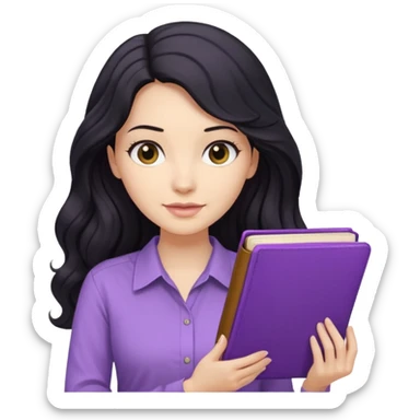 Long Hair Women with purple Book, Black wavy hair, beige shir, without background sticker