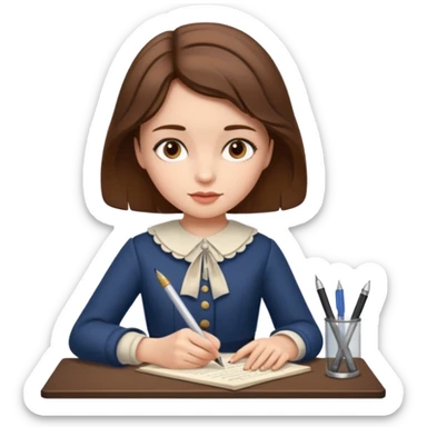 a girl is Writing in a Paper in a vintage outfit with old type pen  sticker