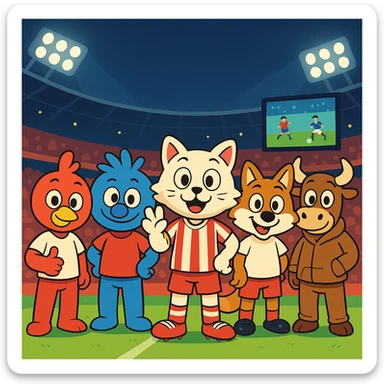 Make the five mascots much more cartoonish and exaggerated, with playful expressions and bold, fun shapes, while keeping the vibrant night soccer stadium, bright lights, green grass, red seats, large screen, and crowd in the background. Preserve the mascot colors and positions. sticker
