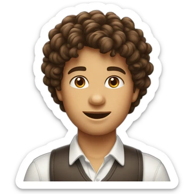 Un garçon brun avec des cheuveux bouclés qui a le stand de the World  sticker