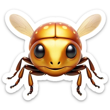 Cinematic Cute Beetle Portrait Emoji, Head tilted playfully and inquisitively, featuring a diminutive, charming body with a glossy, intricately patterned shell and round, sparkling eyes full of endearing wonder, Simplified yet irresistibly adorable features, highly detailed, glowing with a warm, inviting metallic glow, high shine, affectionate and lively, stylized with a touch of whimsical insect elegance, soft glowing outline, capturing the essence of a mischievous beetle that seems as if it could scuttle out of the screen into your arms! sticker