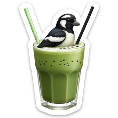  ONE Australien Magpie (just black and white feathers) sitting on an iced matcha latte on the edge of the glass. magpie has green matcha on its beak. matxha latte is in a see through glass and white from the oat milk on the bottom and green without seeds on top… one straw & ice cubes sticker