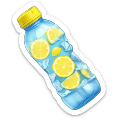 water bottle on the ground filled with lemonaid, crumpled sticker