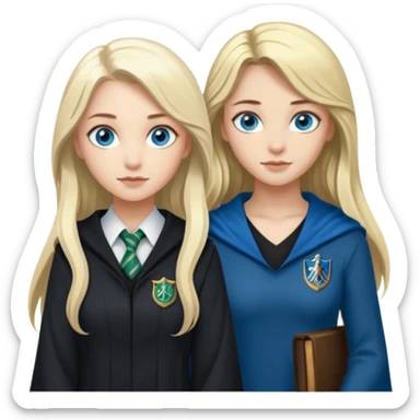 hot Slytherin girl with long blonde hair, blue eyes and big boobs standing with a pretty ravenclaw girl with long dark brown hair and blue eyes sticker