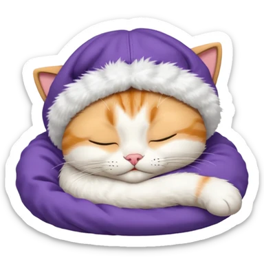 emoji of sleeping cat, its pose is lying, it has on his head FedEx delivery cap sticker