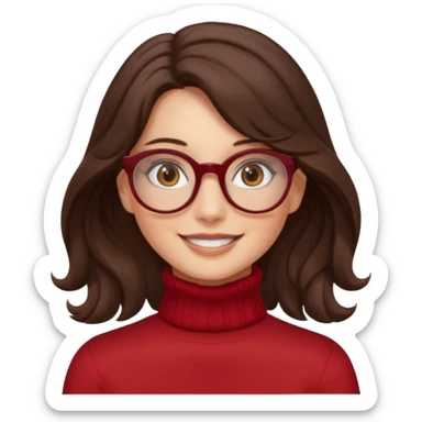 A girl has fair skin wavy dark brown hair, has glasses and almond brown eyes wears red turtle neck has long hair and so pretty sticker