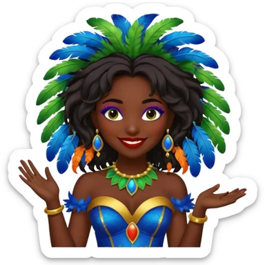 i need the same girl in "dark skin girl, dark red lipstick, nails very beautiful" to be smiling in "carnival mas costume, blue, green and orange preferably, full costume feathers at the back" she is to be smiling, hair should be dark shoulder length, black nail polish on her fingers  sticker