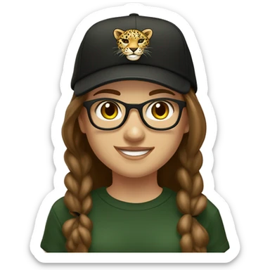 Slavic girl, light skin, smiling with teeth, round brown eyes, leopard frame glasses, long brown straight hair, black T-shirt, dark green cap, badge ribbon. sticker
