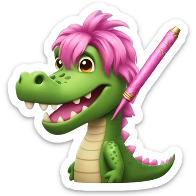 A crocodile with a gorgeous pink hairstyle and a magic wand sticker