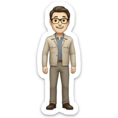 Joyful Full height Pale skinned Fit Man With dark brown hair in gray jacket, beige office shirt, Brown pants and vintage glasses. His thrumbs up sticker