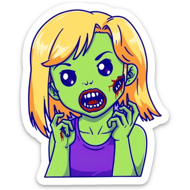 Zombie girl with green skin, purple bruises, gaping mouth, blonde long hair with bangs sticker