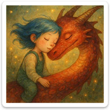 A dreamy, ethereal illustration of a young girl peacefully sleeping on the long, curved neck of a red dragon, cheek to cheek. Her blue hair flows gently as if caught in a soft breeze, and she wears delicate green overalls. The dragon’s skin has intricate, painterly textures, glowing subtly under the warm, golden light. Tiny fireflies and soft, ambient light enhance the magical atmosphere. Highly detailed, whimsical, children's book illustration style, with soft yet rich colors, gentle lighting, and a fantasy storytelling feel. Watercolor-like textures, hand-painted aesthetics, cinematic composition. sticker