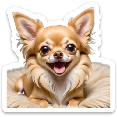 Cinematic Cute Yawning Long Haired Fawn Chihuahua Portrait Emoji, Head tilted slightly with a dramatic, wide-open yawn, flowing long fawn hair with delicate highlights, floppy ears slightly drooping, round dark eyes barely open in drowsy contentment, Simplified yet irresistibly adorable features, highly detailed, glowing with a soft, cozy glow, high shine, relaxed yet expressive, stylized with a touch of whimsy, bright and endearing, soft glowing outline, capturing the essence of a sleepy yet affectionate companion, so drowsy it feels like it could stretch right out of the screen and curl up for a nap! sticker