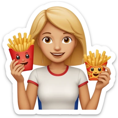 lean female holding fries on one hand and eating pizza on the other hand sticker