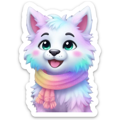 Edgy Kawaii cute cool gorgeous colorful sparkly bright light pastel gradient fantasy ethereal fluffy fursona animal creature with a cute scarf full body sticker