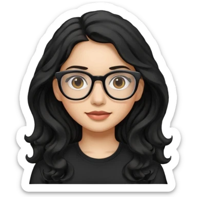 Pretty Hispanic girl with long black wavy hair with glasses and black shirt sticker