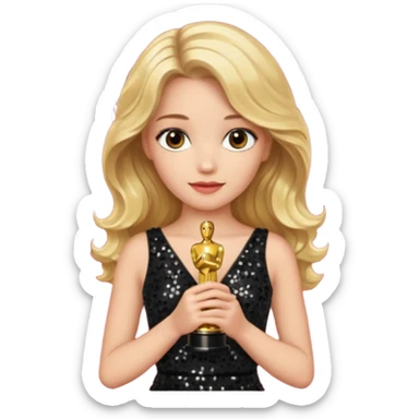 blonde model, brown eyes, long wavy hair, oscars red carpet, black sequin, holding oscar sticker