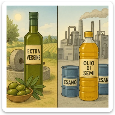 split image: left side with a green bottle labeled 'Extra Vergine', olives, a traditional stone olive mill, and sunny fields in the background; right side with a generic bottle labeled 'Olio di semi', a factory, and chemical barrels labeled 'Esano'; clear, descriptive illustrative style sticker