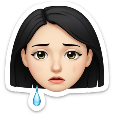 A woman in her late 20s with black hair with tears in her eyes and a look of hunger sticker