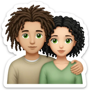 couple holding eachother. the boy is light skinned, short brown dreads, and green eyes. the girl is light skinned, curly black hair, and brown eyes. sticker