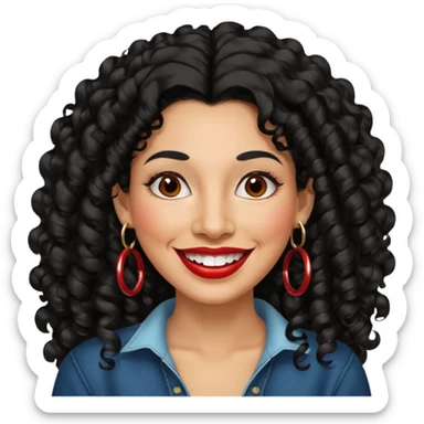 40 yr old peruvian woman, very curly long black hair, red lipstick, big smile, white teeth, brown eyes, hoop earings, side part to hair sticker