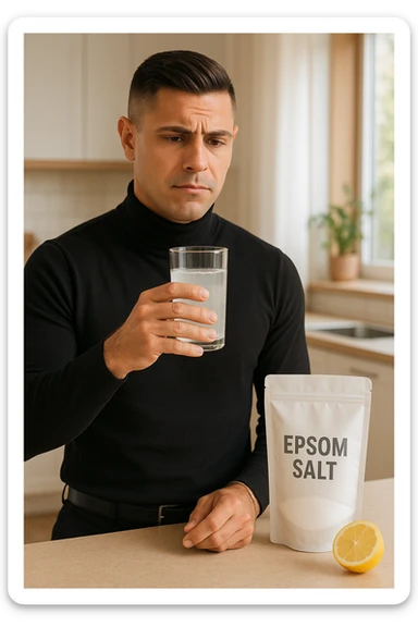 A realistic, bright photo-style image of a young man in his 30s standing in his kitchen, holding a clear glass filled with water in which Epsom salt (magnesium sulfate) has been dissolved. He looks focused but slightly uncertain as he prepares to drink it for a liver flush or digestive cleanse. The glass shows slight cloudiness from the dissolved salt. On the counter are a packet labeled 'Epsom Salt' and a sliced lemon, suggesting he might use it to mask the taste. The setting is clean, natural, and bright with neutral tones. The background shows sunlight streaming through a window, emphasizing a clean, minimalist health-focused environment. The mood conveys a realistic, calm moment of self-care with a hint of discomfort, illustrating a natural detox practice sticker