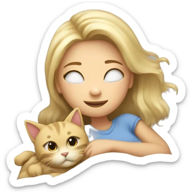 Blond girl laying in bed cuddling with a cat sticker